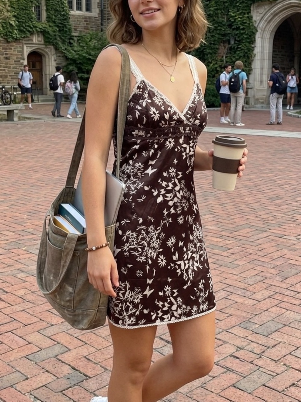 Urban Outfitters NWT Brown Floral Lace Trim Slip Mini Dress Small Cottagecore - Picture 2 of 9